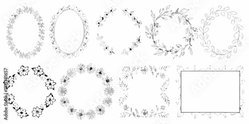 Collection of hand drawn floral and leafy wreaths and frames in grayscale watercolor style
