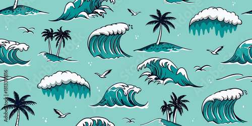 Tropical island and crashing ocean waves seamless pattern with seagulls and palm trees