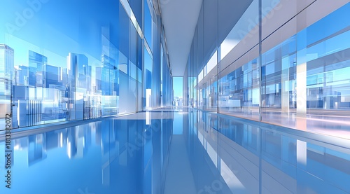 Futuristic glass building interior with dynamic city skyline reflection, modern architecture design and innovation concept of urban development and speed
