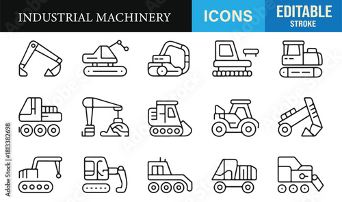 Simple line art illustrations of heavy equipment used in construction and earthmoving