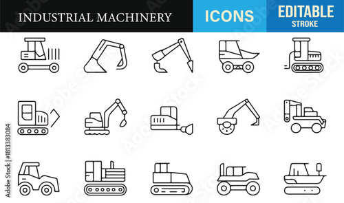 Modern line icons of heavy machinery such as loaders, excavators, and tracked vehicles