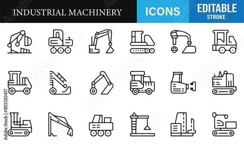 Outline construction vehicle icons including diggers, cranes, tractors, and rollers
