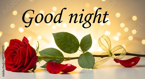 Romantic good night wish with red rose and golden bokeh background for greetings