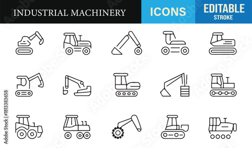 Minimal line art industrial machinery icons featuring excavators, bulldozers, and loaders