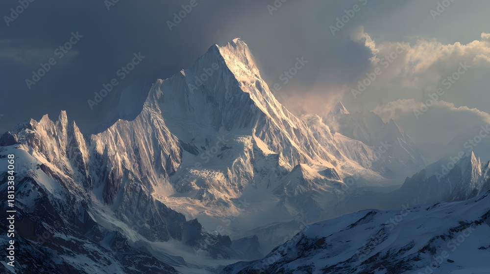 Obraz premium Majestic mountain peak covered with snow illuminated by golden sunrise, stunning natural landscape of winter highlands and adventure travel destination