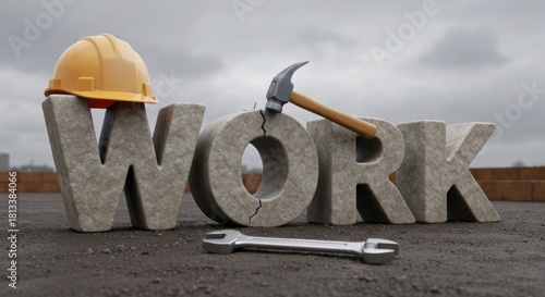 3D rendered 'WORK' letters, hard hat, hammer cracking 'O', wrench on construction site