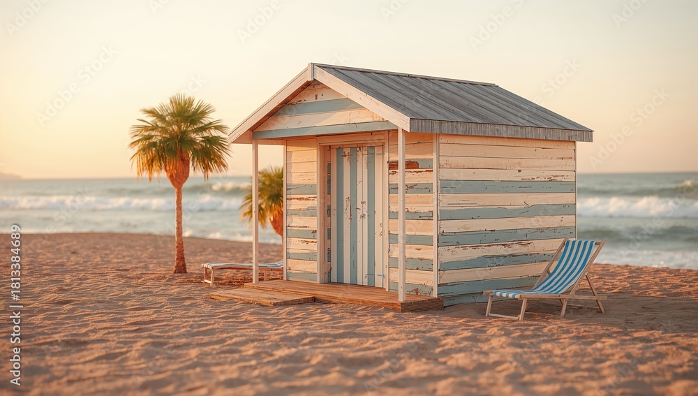 Obraz premium Cozy Beach Hut with Palm Trees on Sandy Shore at Sunset