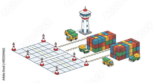 Modern shipping port with container trucks, cranes, and control tower, illustrating logistics and global trade