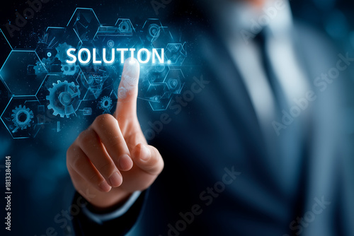 Business solution concept with businessman touching digital interface. Innovative technology solution for business growth and optimization.