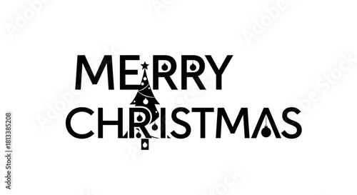 A minimalist black and white typographic design wishing 'Merry Christmas' with a subtle festive tree integrated, perfect for holiday greetings and seasonal celebrations.