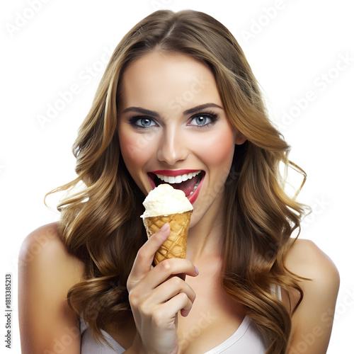 Young woman enjoying delicious cone ice cream with joyful expression Image
