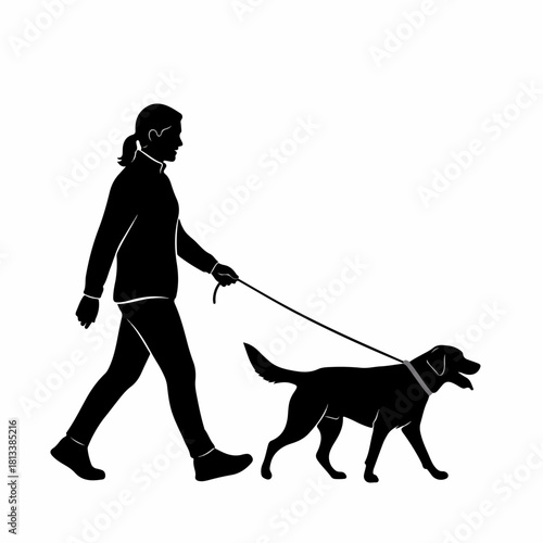 Black silhouette of a woman walking a dog on a leash.