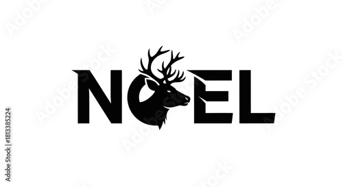 A stylish black and white graphic design featuring the word "NOEL" with a majestic deer head replacing the letter "O", perfect for holiday branding.