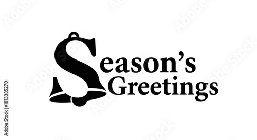 Elegant black and white vector graphic displaying 'Season's Greetings' with a decorative bell forming the initial 'S', perfect for festive holiday designs.