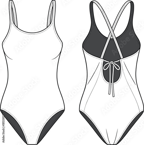 “Elegant one-piece swimsuit CAD drawing with cross-back straps, front and back views, detailed stitching, stylish cutout design fashion vector illustration”