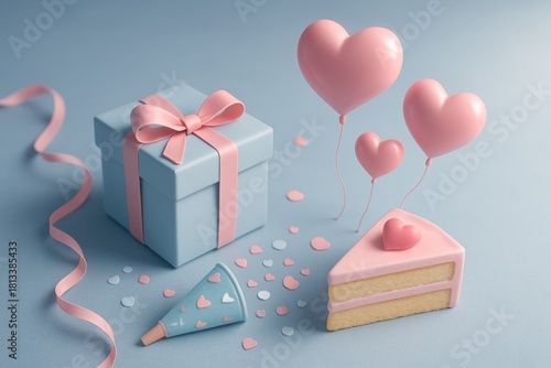 A light blue gift, pink heart balloons, cake slice, confetti, and ribbon on blue surface