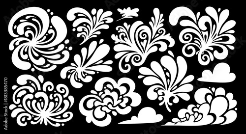 A collection of ornate floral swirl vectors with elegant curves and decorative shapes in a bold black-and-white style. Great for invitations, branding, ornamental frames, and artistic projects.