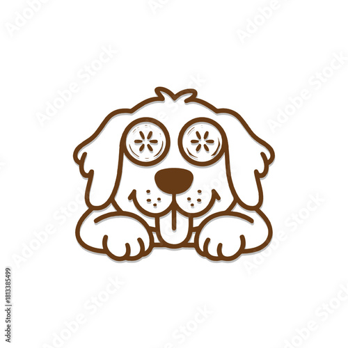 Cute cartoon dog with cucumber slices on eyes a funny spa treatment illustration isolated on white background
