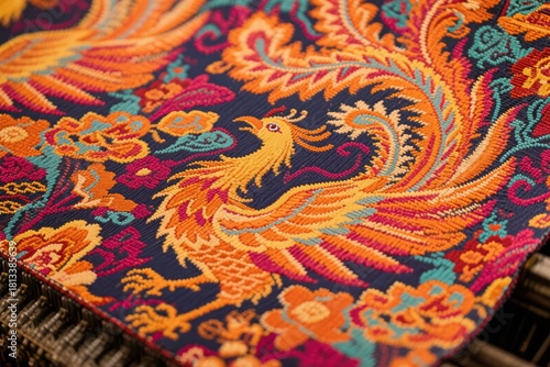 Wallpaper Mural Colorful embroidered textile featuring a mythical phoenix with intricate floral patterns on a dark background Torontodigital.ca