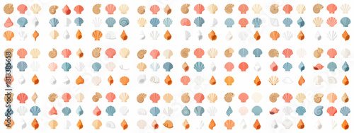 Flat vector seamless pattern of diverse pastel seashells, including nautilus and scallop shells, representing marine life, summer, and oceanic decoration.