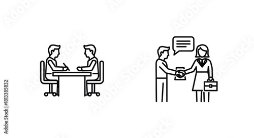 Business meeting and job interview illustrations with people and office elements