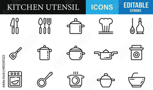 Editable stroke kitchen utensil illustrations for culinary design, menus, and digital apps