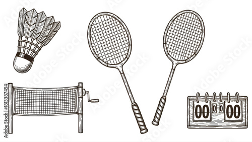 Badminton Sport Game Equipment Sketch Rackets, Shuttlecock, Net, Scoreboard