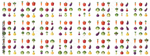 Seamless pattern of flat design vegetable icons including carrots, peppers, eggplants, onions, and cabbage, symbolizing healthy eating and vegetarian diet.