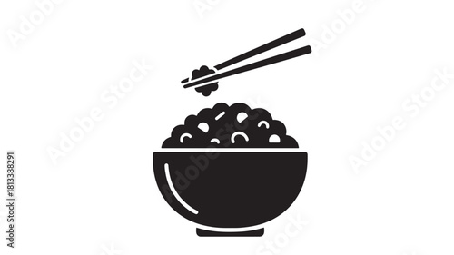 Rice bowl with chopsticks simple glyph vector illustration isolated on white background for menu design