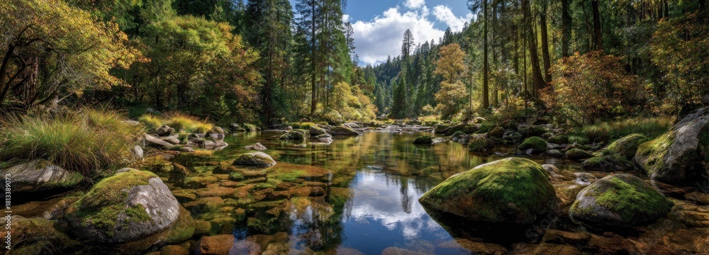 Fototapeta premium Forest stream with stones and trees