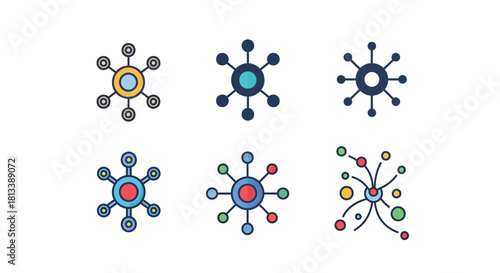 Colorful illustrations depicting virus or bacteria structures with varying color schemes