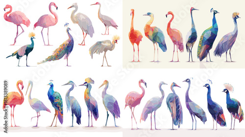 A vibrant illustration set of exotic birds including flamingos, cranes, peacocks, and herons in artistic colorful styles. Ideal for wildlife themes, decorative art, and nature inspired designs.