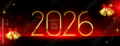 happy new year 2026 greeting banner with jingle bells