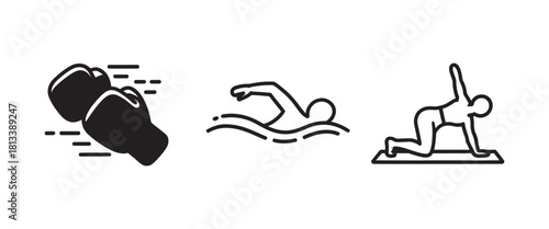 Set of sport icons boxing gloves swimming and yoga pose simple line vector design element for apps and websites isolated on white background