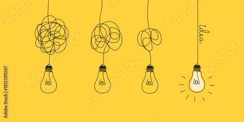 Light bulb with scribbles in one continuous line drawing. Concept of chaos and order in thoughts and idea eps 10