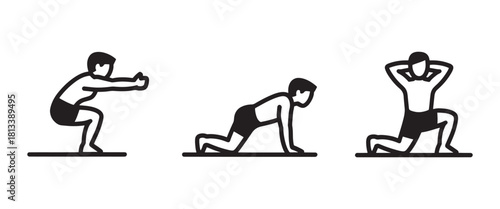 Set of exercise icons showing squat push-up and lunge simple vector line art for fitness and training guides isolated on white background