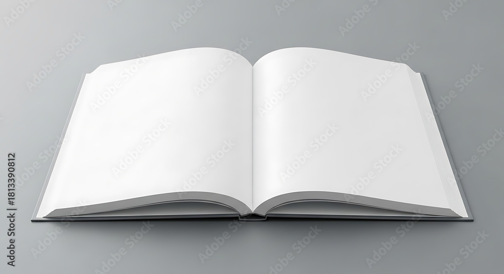 Fototapeta premium Open blank book or magazine with white pages, ready for your design or text on a neutral grey background