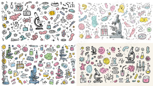 A playful doodle illustration filled with science and microbiology icons including microscopes, germs, lab tools, and molecules. Perfect for education, biology themes, posters, and learning materials.