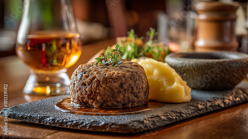 A plate of haggis with mashed potatoes neeps and tatties and a glass of whiskey on a wooden table