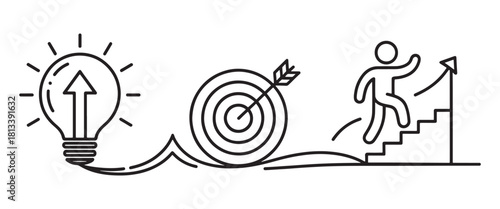 Goal Achievement Vector with Light Bulb, Target, and Climbing Figure Icons