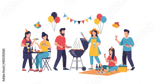 Friends enjoying a summer barbecue party outdoors with food and drinks