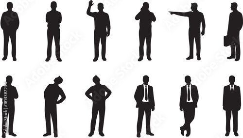 Silhouettes of men in various poses standing against a white background in a vector illustration