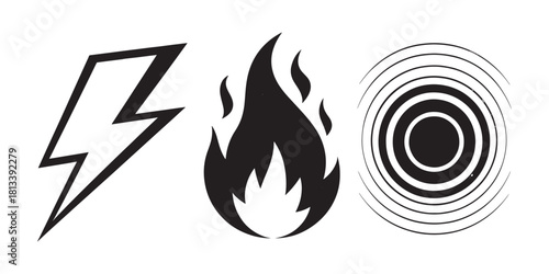 Energy Force Vector Icons: Lightning, Flame, and Sound Waves in Minimalist Style