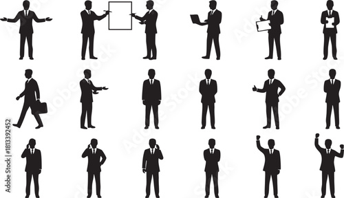 Silhouettes of businessmen in various poses holding objects and gesturing on a white background