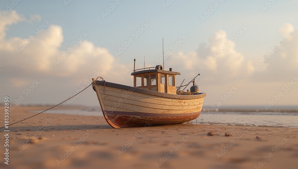 Fototapeta premium Vintage Fishing Boat on Sandy Beach with Calm Ocean and Clouds