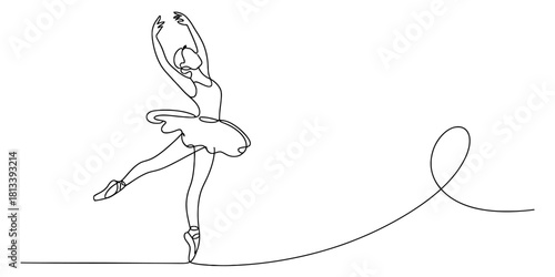 Continuous line drawing of a graceful ballerina performing a ballet dance pose en pointe, elegant minimalist art vector illustration on a clean white background.