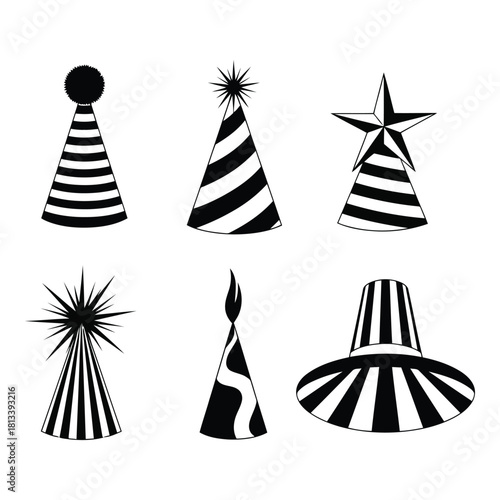 Collection of six stylized black and white party hats