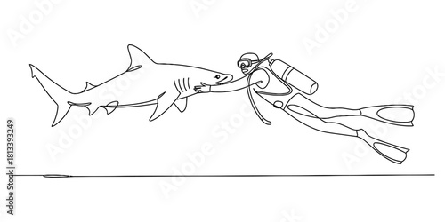 Continuous line drawing of a scuba diver swimming alongside and gently touching a shark, depicting marine life interaction and underwater adventure.