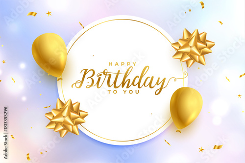 realistic golden balloon and snowflake design for happy birthday greeting card