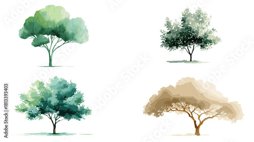 A soft watercolor illustration set of various trees with natural textures and calming tones. Perfect for landscape design, botanical artwork, eco themes, and nature inspired visuals.